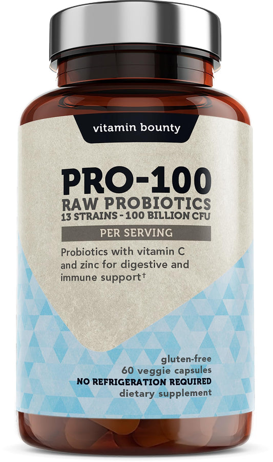 Vitamin Bounty Pro-100 Probiotic Capsules - 100 Billion CFU, and 13 Probiotic Strains, Immune and Digestive Support, Gut Health, Digestive Health Probiotic, Delayed Release Embocaps - 60 Capsules