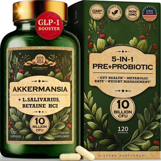 Akkermansia Muciniphila Probiotic - 10 Billion CFU GLP-1 Booster with Lactobacillus Salivarius, Betaine HCL, Inulin, Tributyrin - Fiber Supplement for Gut Health & Weight Management