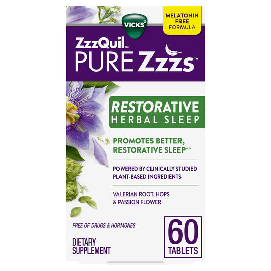 ZzzQuil PURE Zzzs Restorative Herbal Sleep, Tablets, Free of Drugs and Hormones, Melatonin-Free Formula, Valerian Root, Hops, Passion Flower, Sleep Aids for Adults, 60 Count