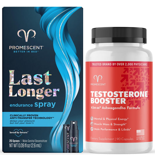 Promescent Delay Spray for Him (2.6ml) + Testosterone Booster for Men Supplement with Tongkat Ali (LongJack), KSM-66 Ashwagandha, Horny Goat Weed