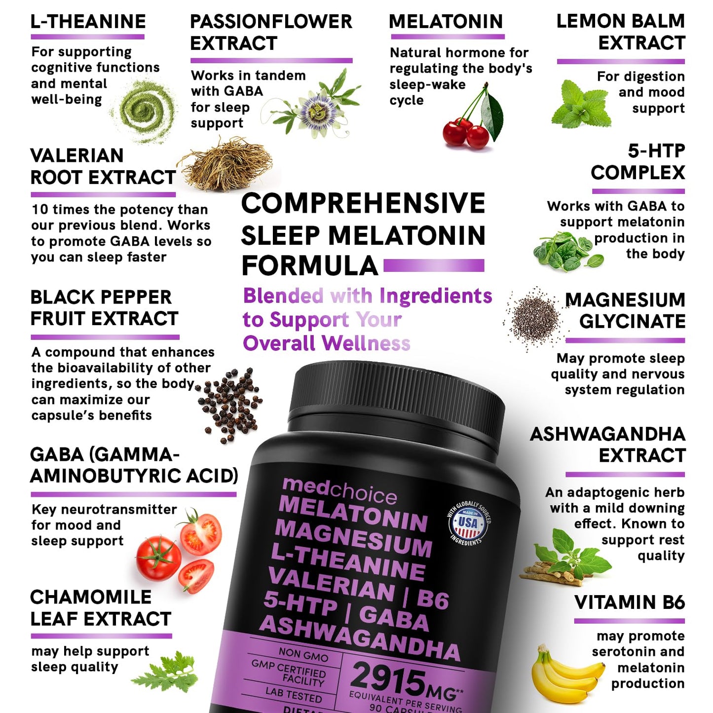 12-in-1 Melatonin Capsules - Melatonin 5mg Natural Sleep Aids for Adults - Magnesium Glycinate 500mg, Ashwagandha, L Theanine, Valerian Root, GABA, 5-HTP, Sleep Supplement for Adults, Pack of 1