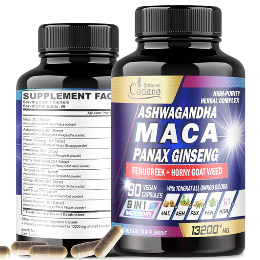 Organic Cadane Maca Root 9000mg Ashwagandha 900mg Panax Ginseng 450mg Supplement - 90 Capsules 3 Months with Fenugreek, Tongkat Ali & More - Support for Strength, Stamina, Energy Production & Immunity